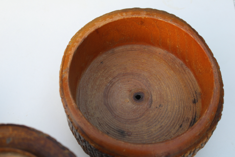 photo of lot rustic old handmade stick ware wood bark log bowl, vase, jar, vintage autumn fall decor #8