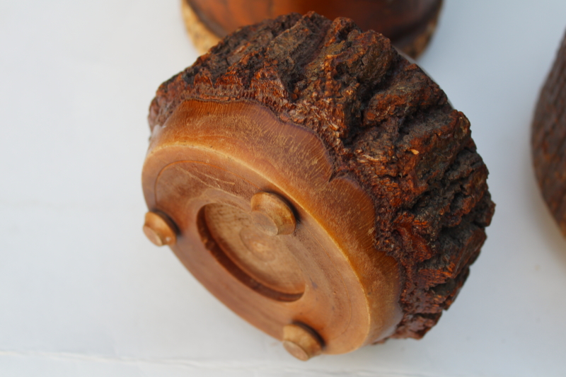 photo of lot rustic old handmade stick ware wood bark log bowl, vase, jar, vintage autumn fall decor #10