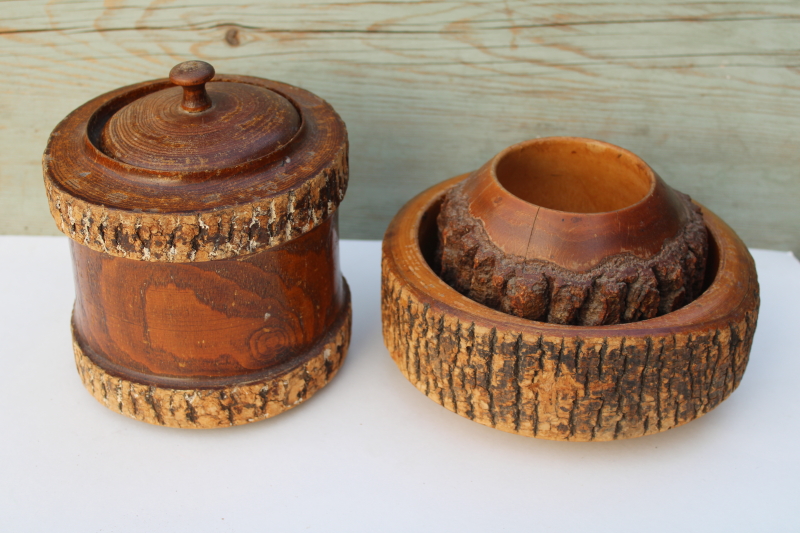 photo of lot rustic old handmade stick ware wood bark log bowl, vase, jar, vintage autumn fall decor #12