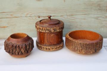 lot rustic old handmade stick ware wood bark log bowl, vase, jar, vintage autumn fall decor 