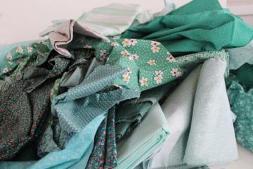 catalog photo of lot scrap fabric remnants cotton prints for quilting and sewing jade green shades