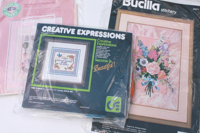 photo of lot sealed vintage cross stitch kits, stamped for embroidery & counted cross-stitch #1
