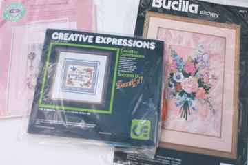 catalog photo of lot sealed vintage cross stitch kits, stamped for embroidery & counted cross-stitch