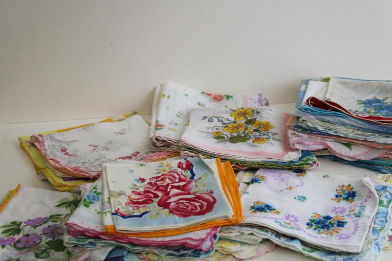 photo of lot shabby vintage hankies w/ flower prints, upcycle project craft decor printed cotton handkerchiefs #1