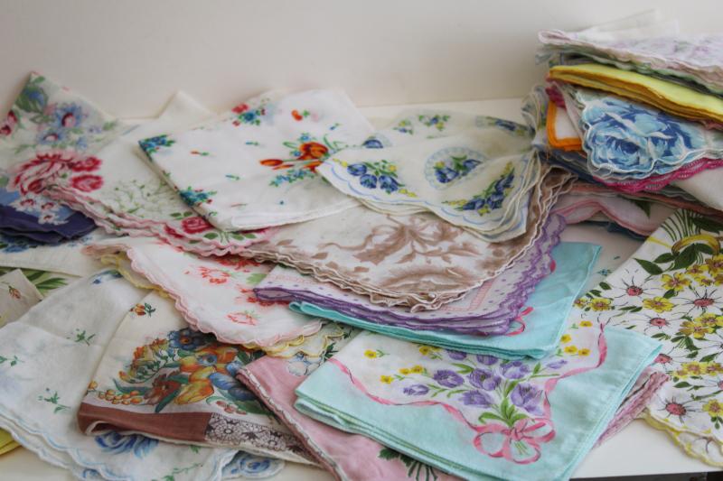 photo of lot shabby vintage hankies w/ flower prints, upcycle project craft decor printed cotton handkerchiefs #2