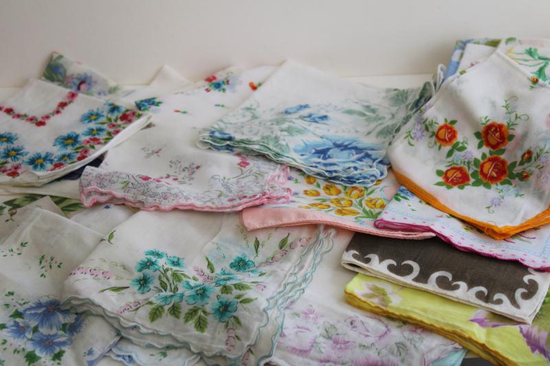 photo of lot shabby vintage hankies w/ flower prints, upcycle project craft decor printed cotton handkerchiefs #3