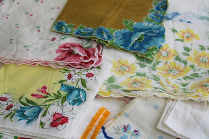 photo of lot shabby vintage hankies w/ flower prints, upcycle project craft decor printed cotton handkerchiefs #4