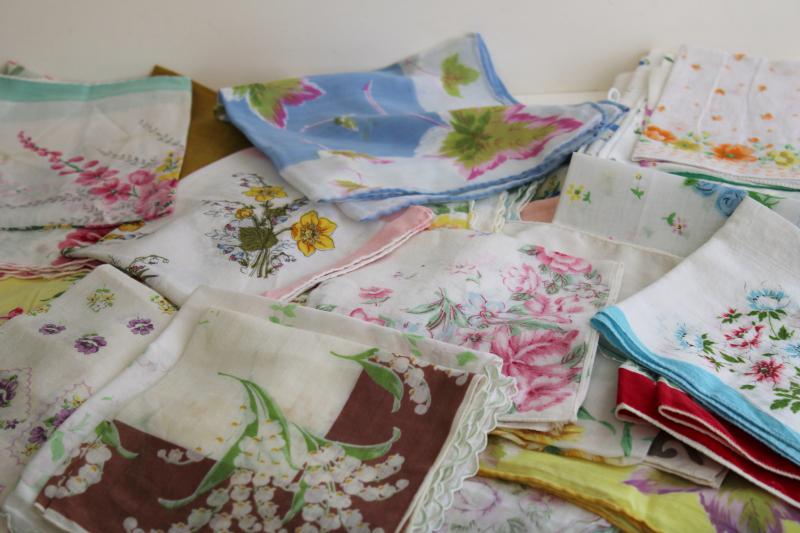 photo of lot shabby vintage hankies w/ flower prints, upcycle project craft decor printed cotton handkerchiefs #5