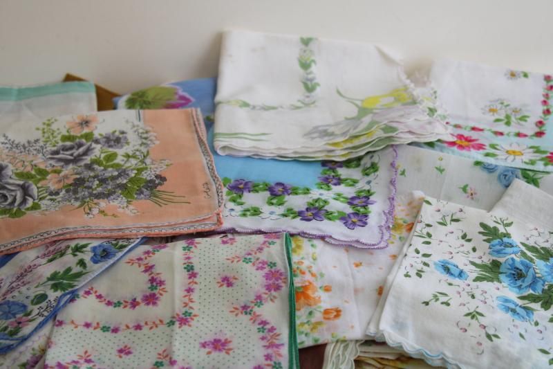 photo of lot shabby vintage hankies w/ flower prints, upcycle project craft decor printed cotton handkerchiefs #6