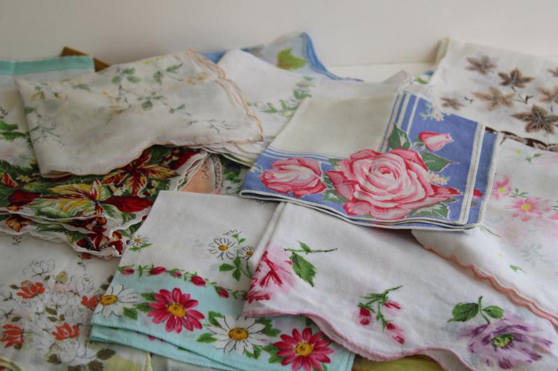 photo of lot shabby vintage hankies w/ flower prints, upcycle project craft decor printed cotton handkerchiefs #7