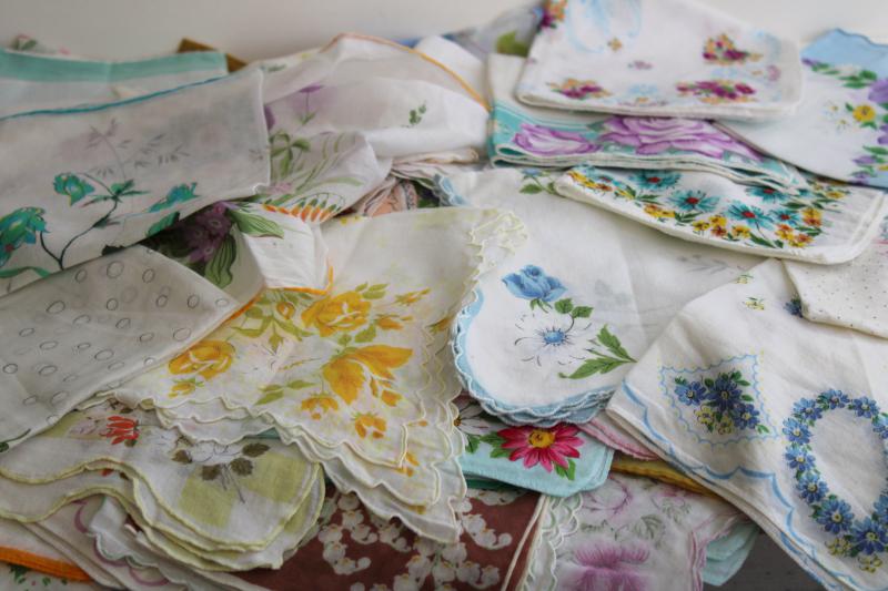 photo of lot shabby vintage hankies w/ flower prints, upcycle project craft decor printed cotton handkerchiefs #8