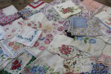 catalog photo of lot shabby vintage hankies w/ flower prints, upcycle project craft decor printed cotton handkerchiefs