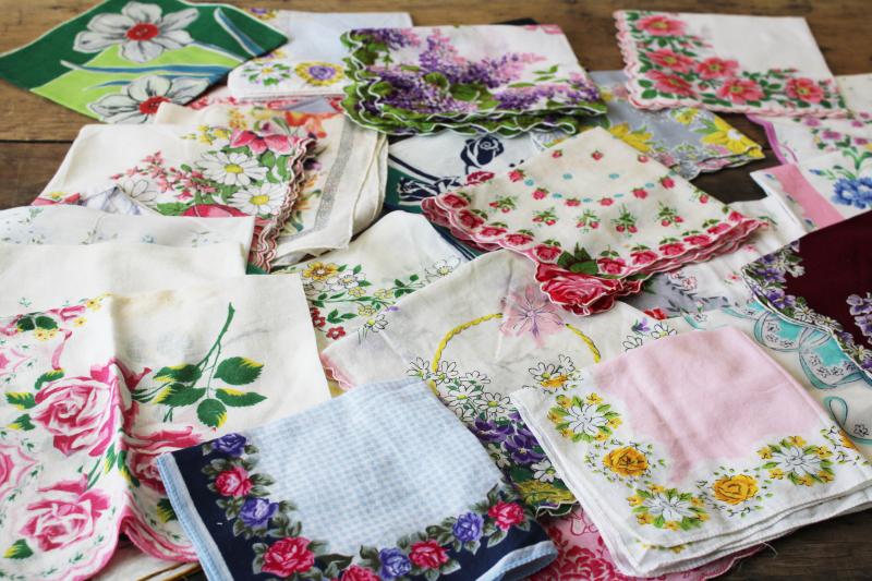 photo of lot shabby vintage hankies w/ flower prints, upcycle project craft decor printed cotton handkerchiefs #1