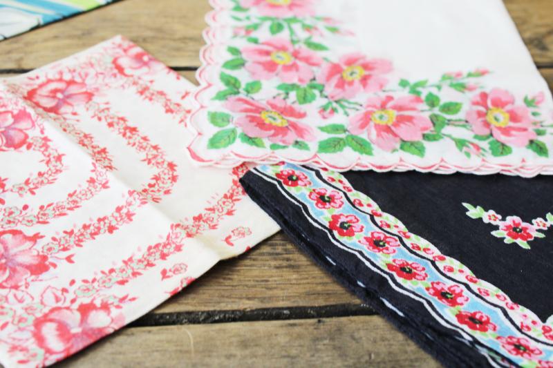 photo of lot shabby vintage hankies w/ flower prints, upcycle project craft decor printed cotton handkerchiefs #2