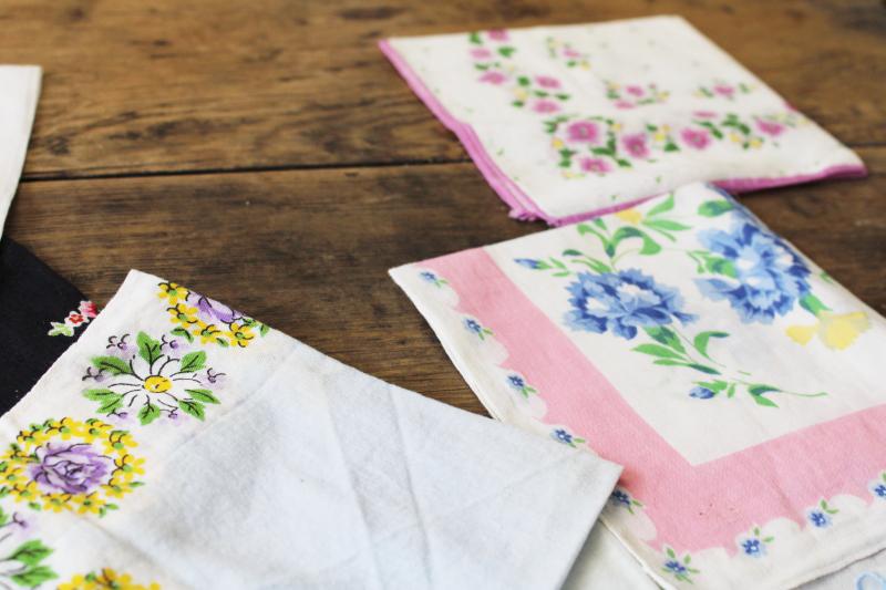photo of lot shabby vintage hankies w/ flower prints, upcycle project craft decor printed cotton handkerchiefs #3