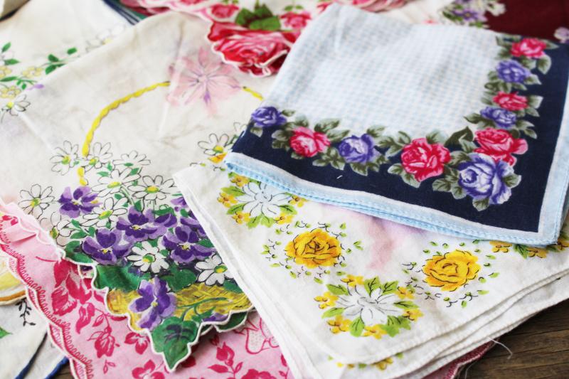 photo of lot shabby vintage hankies w/ flower prints, upcycle project craft decor printed cotton handkerchiefs #6