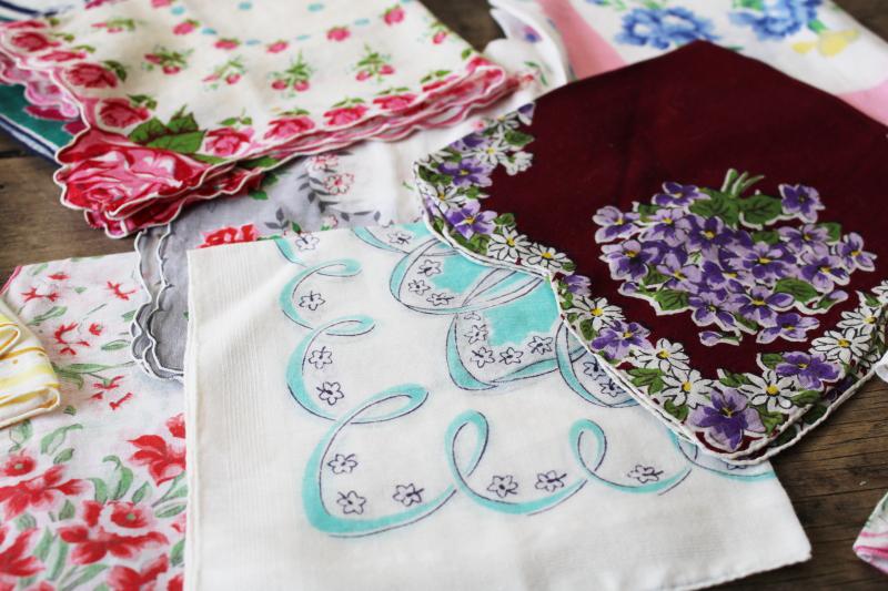 photo of lot shabby vintage hankies w/ flower prints, upcycle project craft decor printed cotton handkerchiefs #8