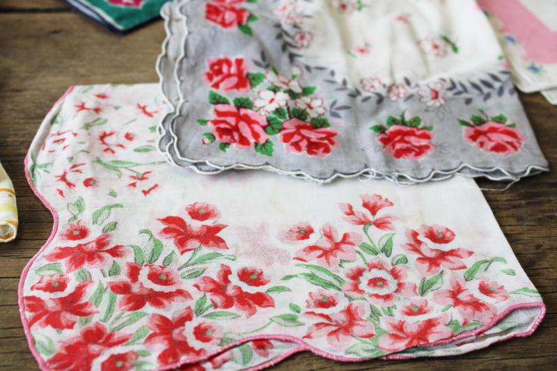 photo of lot shabby vintage hankies w/ flower prints, upcycle project craft decor printed cotton handkerchiefs #9