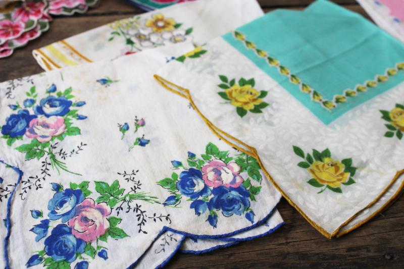 photo of lot shabby vintage hankies w/ flower prints, upcycle project craft decor printed cotton handkerchiefs #10