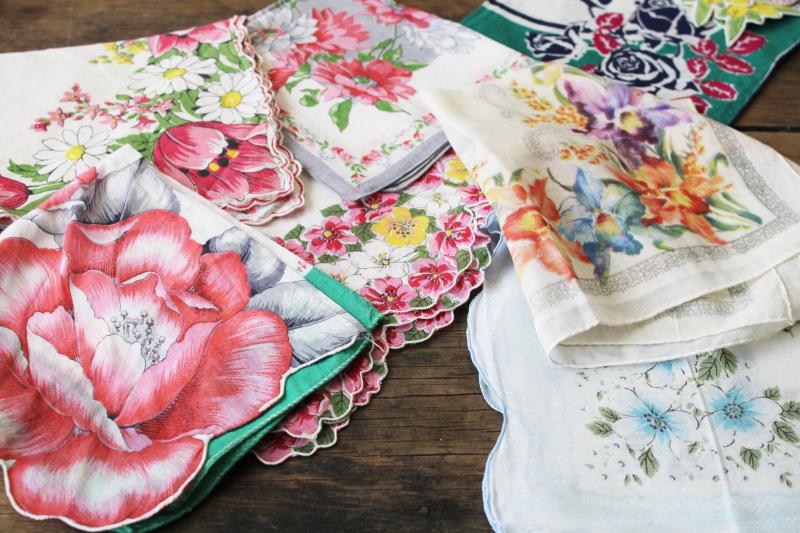 photo of lot shabby vintage hankies w/ flower prints, upcycle project craft decor printed cotton handkerchiefs #11