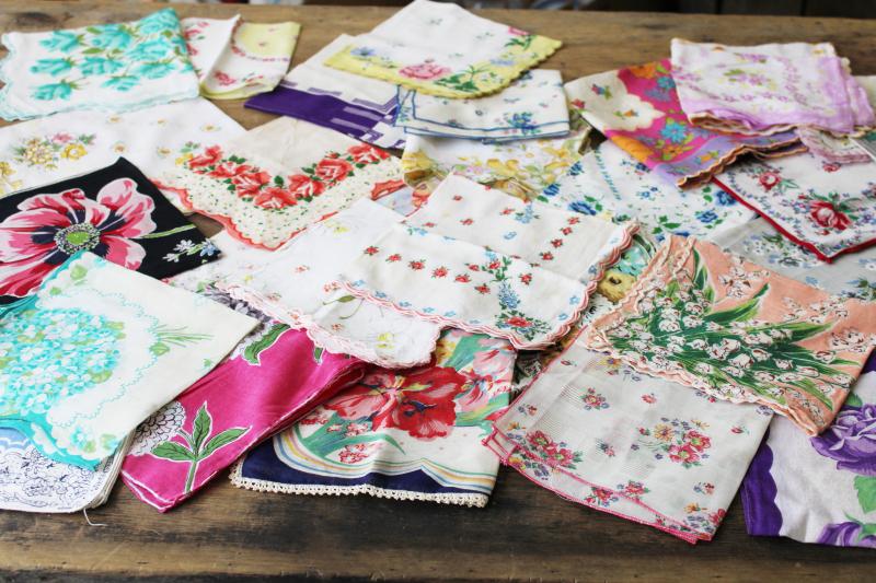 photo of lot shabby vintage hankies w/ flower prints, upcycle project craft decor printed cotton handkerchiefs #1
