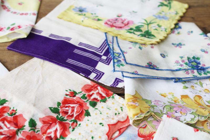 photo of lot shabby vintage hankies w/ flower prints, upcycle project craft decor printed cotton handkerchiefs #4