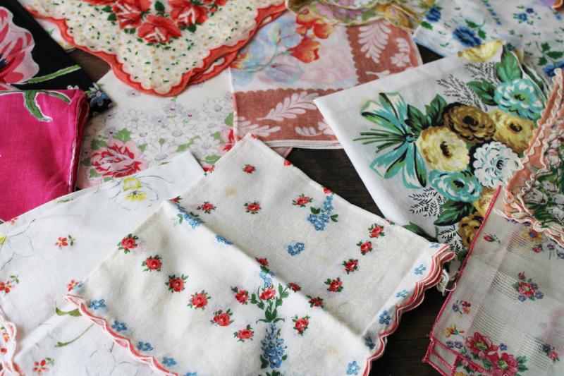 photo of lot shabby vintage hankies w/ flower prints, upcycle project craft decor printed cotton handkerchiefs #5
