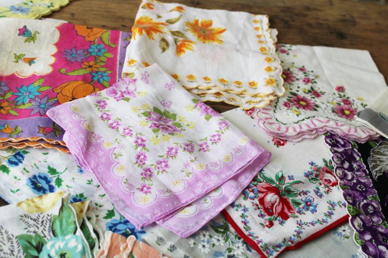 photo of lot shabby vintage hankies w/ flower prints, upcycle project craft decor printed cotton handkerchiefs #8