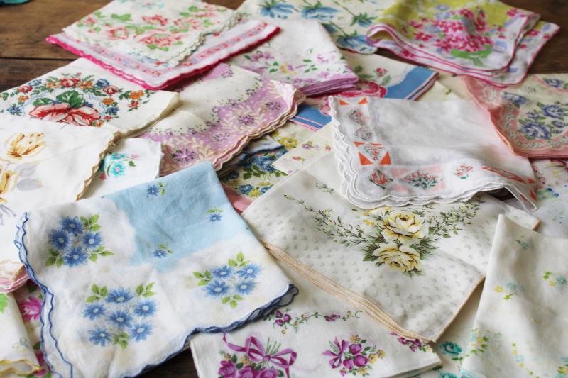 photo of lot shabby vintage hankies w/ flower prints, upcycle project craft decor printed cotton handkerchiefs #1