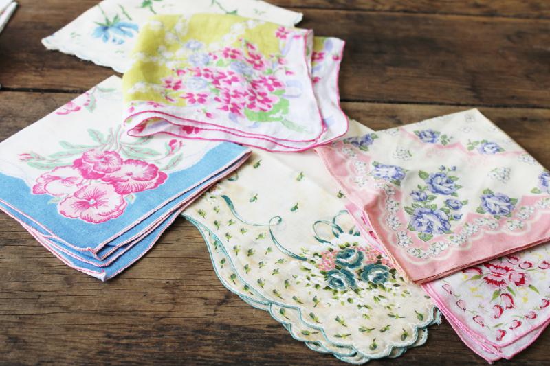 photo of lot shabby vintage hankies w/ flower prints, upcycle project craft decor printed cotton handkerchiefs #2