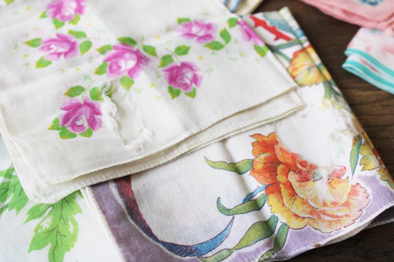 photo of lot shabby vintage hankies w/ flower prints, upcycle project craft decor printed cotton handkerchiefs #3