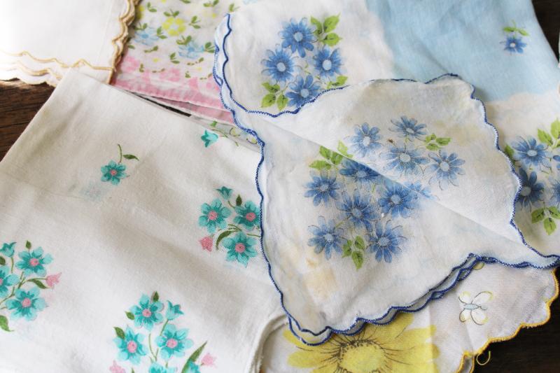 photo of lot shabby vintage hankies w/ flower prints, upcycle project craft decor printed cotton handkerchiefs #4