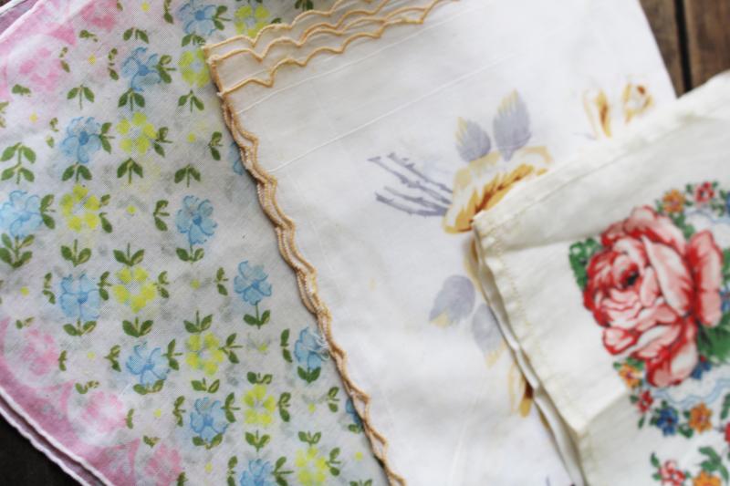 photo of lot shabby vintage hankies w/ flower prints, upcycle project craft decor printed cotton handkerchiefs #5