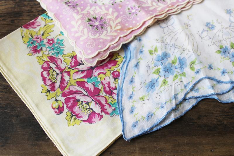 photo of lot shabby vintage hankies w/ flower prints, upcycle project craft decor printed cotton handkerchiefs #6
