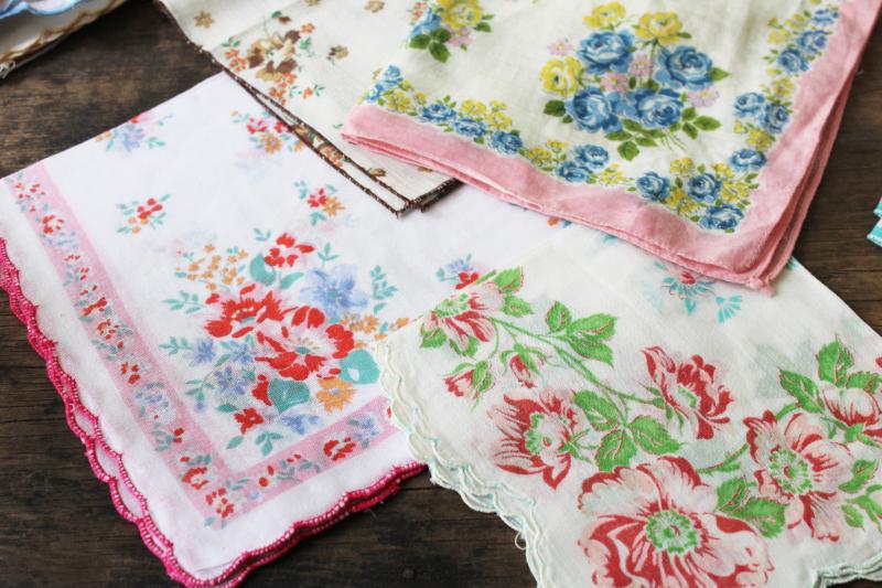 photo of lot shabby vintage hankies w/ flower prints, upcycle project craft decor printed cotton handkerchiefs #7