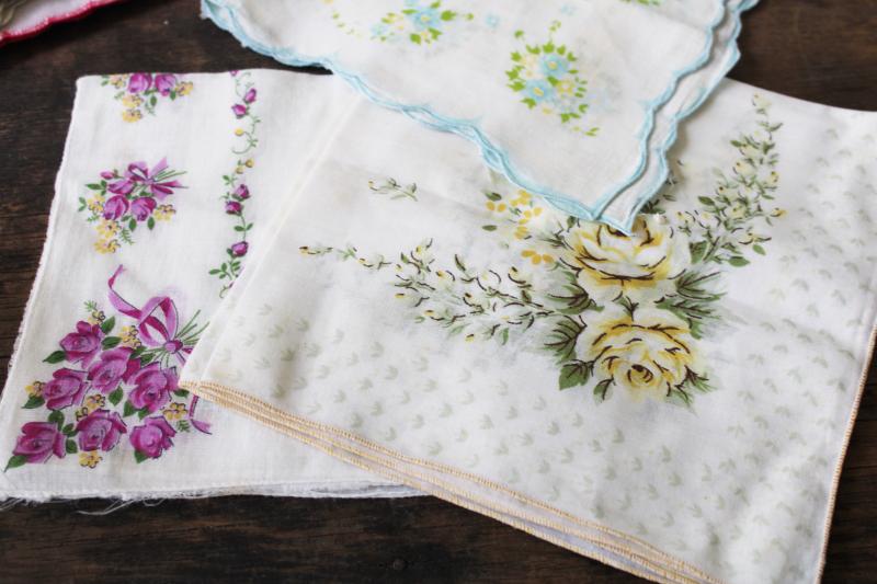 photo of lot shabby vintage hankies w/ flower prints, upcycle project craft decor printed cotton handkerchiefs #8