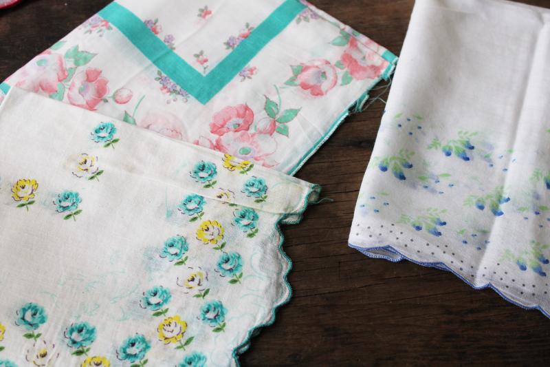photo of lot shabby vintage hankies w/ flower prints, upcycle project craft decor printed cotton handkerchiefs #9