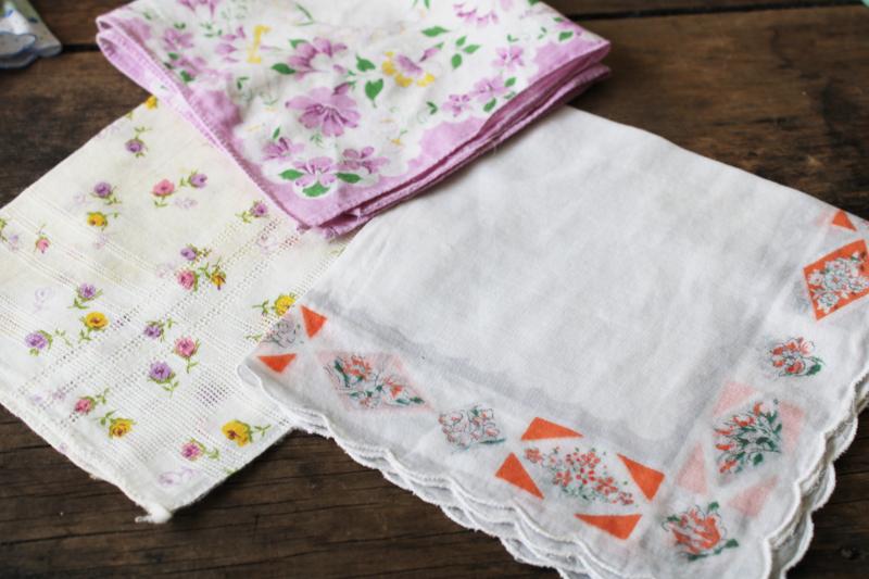 photo of lot shabby vintage hankies w/ flower prints, upcycle project craft decor printed cotton handkerchiefs #10