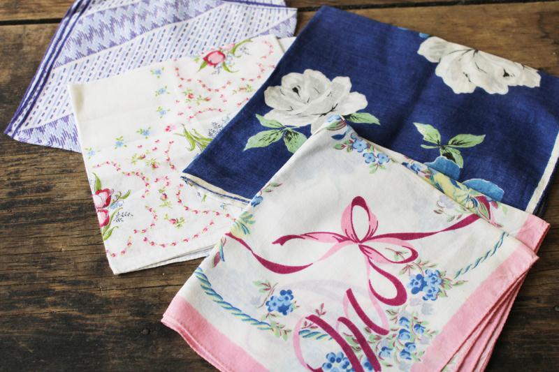 photo of lot shabby vintage hankies w/ flower prints, upcycle project craft decor printed cotton handkerchiefs #2