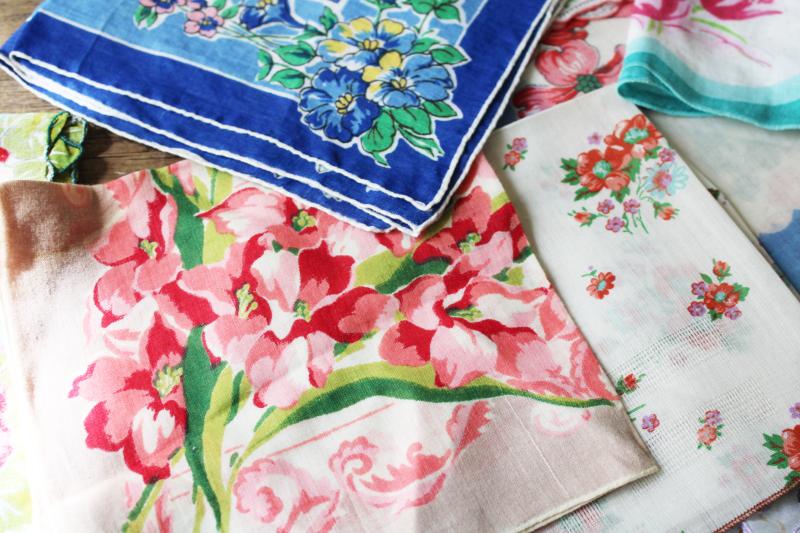 photo of lot shabby vintage hankies w/ flower prints, upcycle project craft decor printed cotton handkerchiefs #4
