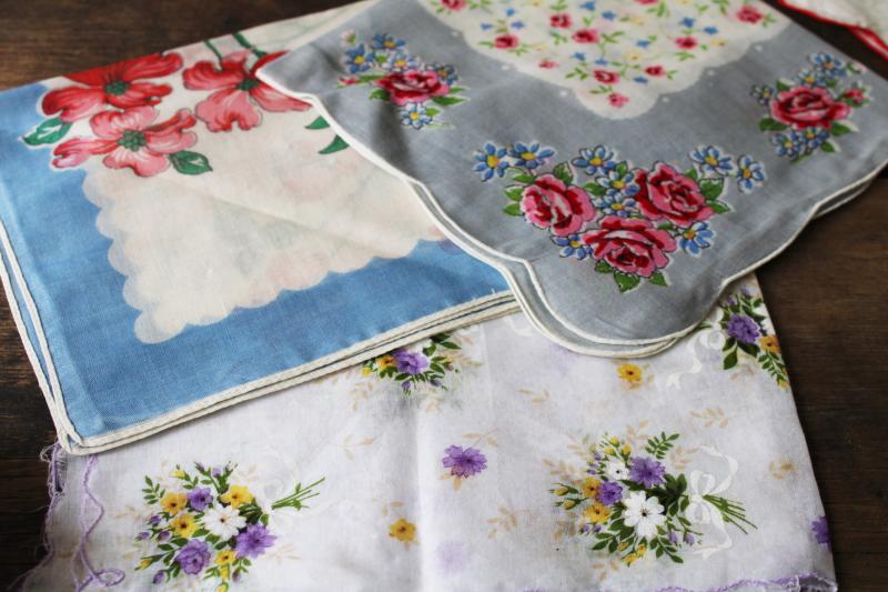 photo of lot shabby vintage hankies w/ flower prints, upcycle project craft decor printed cotton handkerchiefs #8