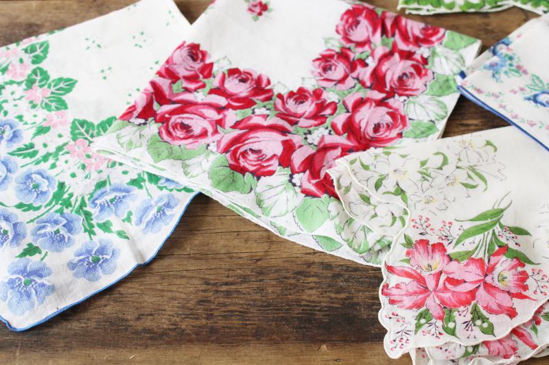 photo of lot shabby vintage hankies w/ flower prints, upcycle project craft decor printed cotton handkerchiefs #9