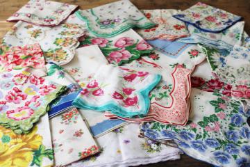 catalog photo of lot shabby vintage hankies w/ flower prints, upcycle project craft decor printed cotton handkerchiefs