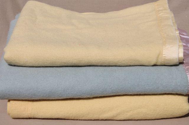 photo of lot shabby vintage wool blankets, blue & yellow felting cutting fabric for rugs or crafting #1