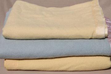 catalog photo of lot shabby vintage wool blankets, blue & yellow felting cutting fabric for rugs or crafting