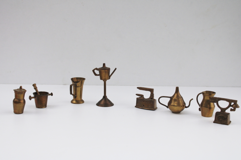 photo of lot solid brass miniatures, India brassware mini ornaments or toys, household tools & dishware #1