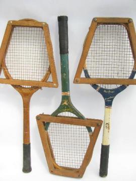 catalog photo of lot three old wood tennis racquets, vintage sporting collectibles