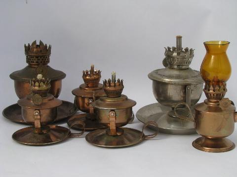 photo of lot tiny oil lamps, ship's lantern pivot wall sconces, copper plate metal #1