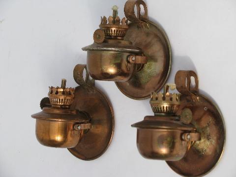 photo of lot tiny oil lamps, ship's lantern pivot wall sconces, copper plate metal #4