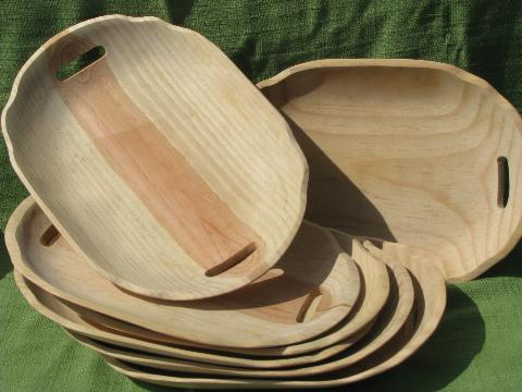 photo of lot unfinished woodenware for painting, old wood bread trays w/ handles #1